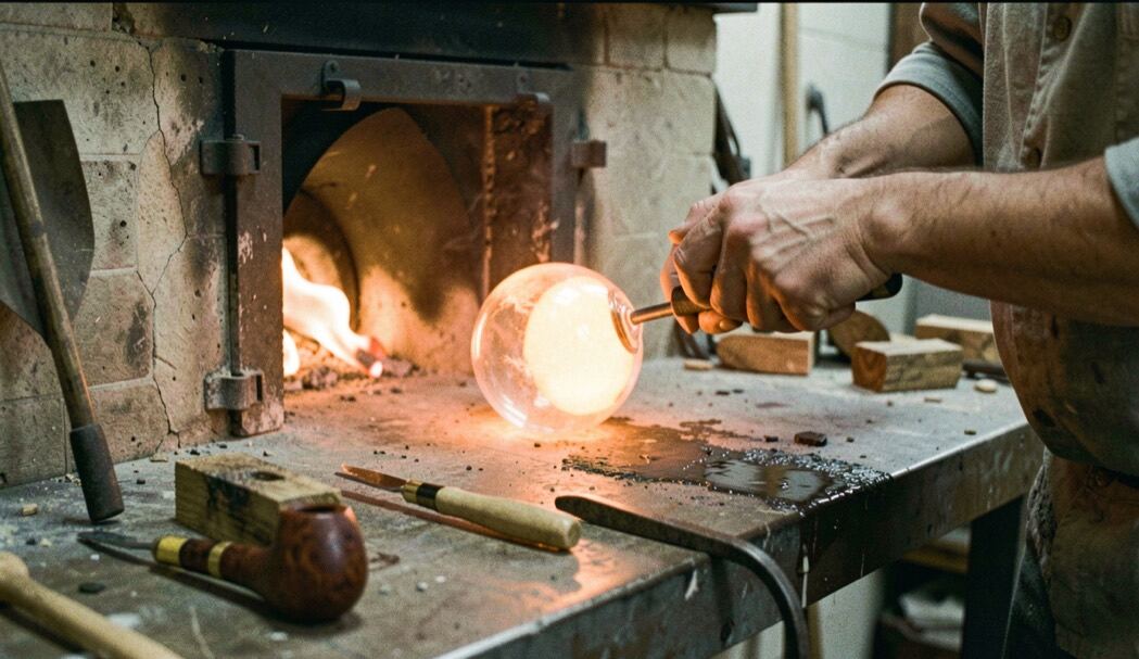 Ein Glasbläser dreht eine glühende Kugel vor dem Ofen, daneben liegen Pfeife, Zange und nasse Holzformen.