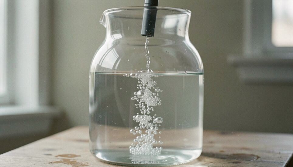 Nahaufnahme eines klaren Glasgefäßes mit Wasser, in dem aus einem Tauchrohr eine Kette feiner Blasen aufsteigt.