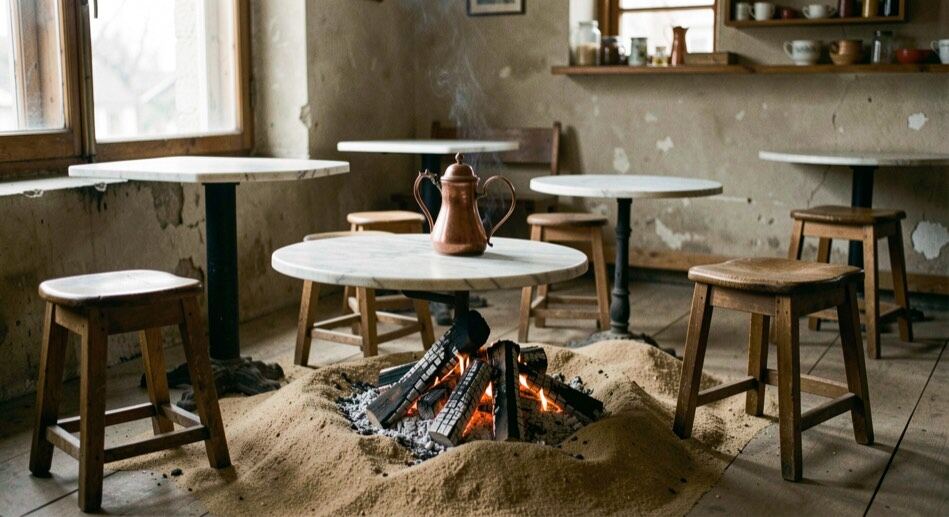 In einem alten Kaffeehaus stehen kleine Marmortische, Holzhocker und eine Kupferkanne auf einem Sandbett über glimmender Asche.