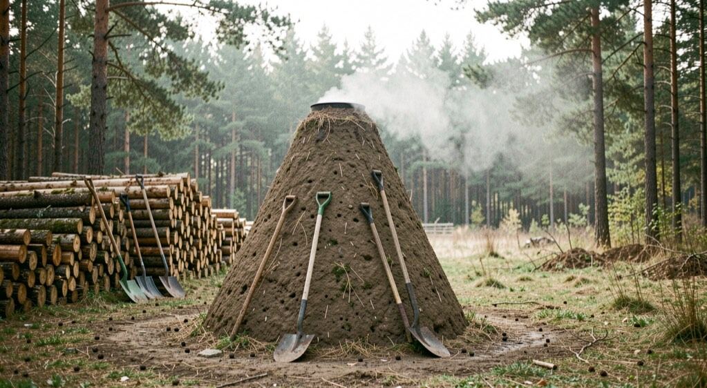 Auf einer Waldlichtung steht ein kegelförmiger Erdmeiler, aus dessen Decke feiner Dunst aufsteigt, daneben Holzstapel und Schaufeln.