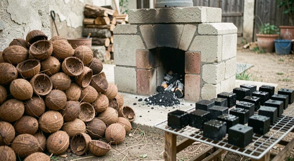 Auf einem Hof stapeln sich leere Kokosschalen neben einem gemauerten Verkohlungsofen, daneben trocknen schwarze Würfel auf Gittern.