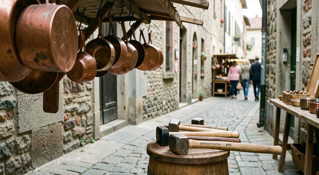 In einer engen Basargasse hängen getriebene Kupferschalen an Haken, davor liegen Hämmer und Ambosse auf niedrigen Böcken.
