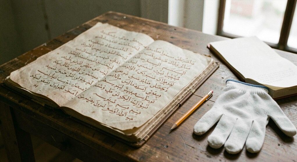 Auf einem Lesepult liegt eine alte arabische Handschrift mit brauner Tinte, daneben ein Notizbuch, ein Bleistift und weiße Baumwollhandschuhe.