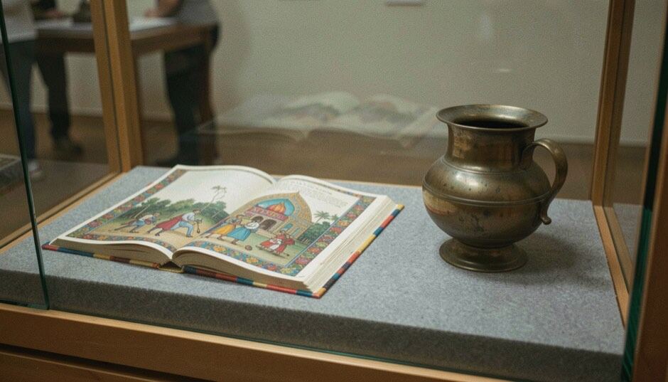 In einer Museumsvitrine liegt eine aufgeschlagene Mogulminiatur mit farbigem Rand neben einem alten Messinggefäß auf grauem Filz.