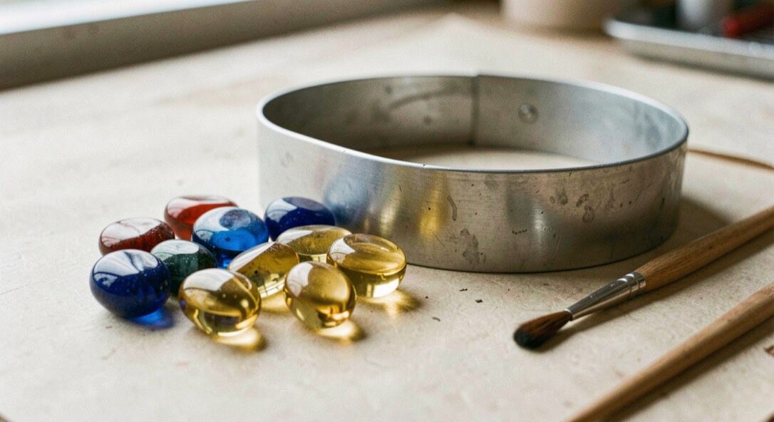 Rote, blaue und goldene Glassteine liegen neben einer runden Metallform und einem kleinen Pinsel.