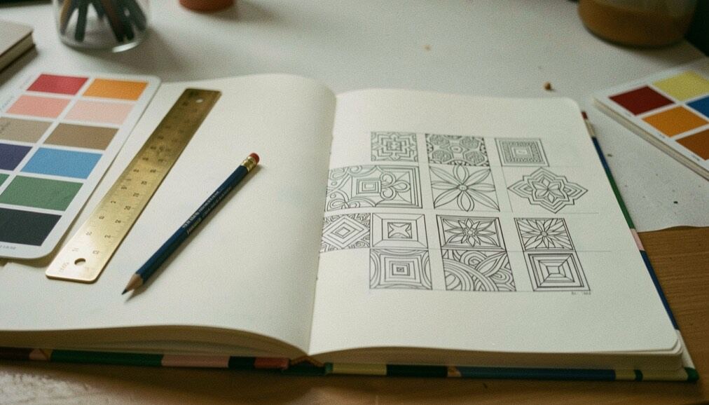 Ein aufgeschlagenes Musterbuch zeigt geometrische Ornamente neben Bleistift, Messinglineal und Farbkarten auf hellem Papier.