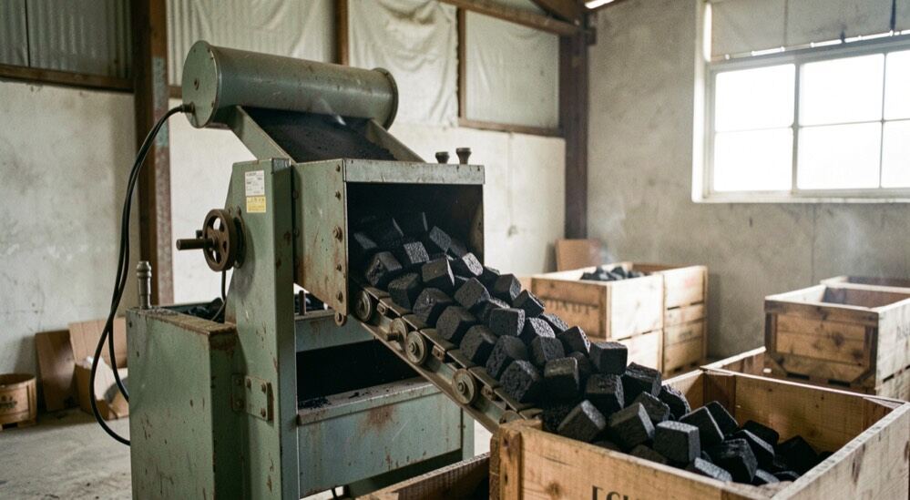 In einer einfachen Halle presst eine Maschine schwarze Würfel aus Kohlestaub, die auf ein Förderband und in flache Kisten fallen.