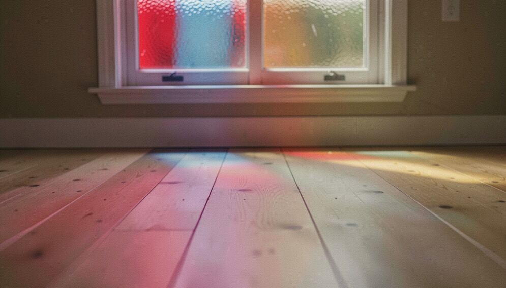 Durch ein farbiges Fenster fallen rote, blaue und goldene Lichtfelder auf einen schlichten Holzboden.