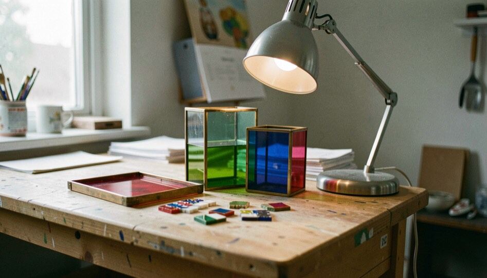 Farbiges Glas, Messingrahmen und kleine Mosaiksteine liegen auf einem Arbeitstisch neben einer Lampe.