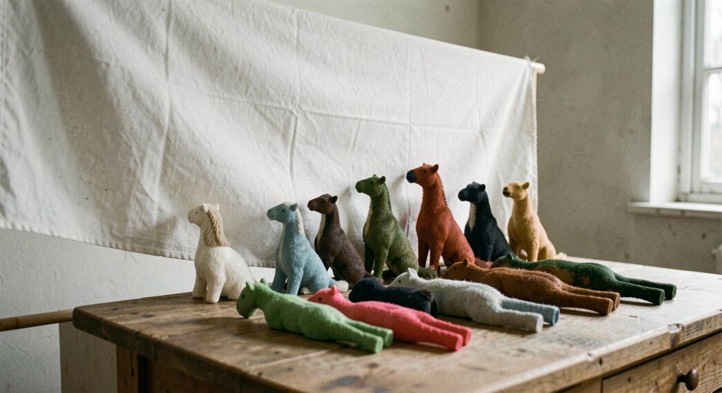 Hinter einer aufgespannten weißen Leinwand liegen bunte Schattenspielfiguren aus Kamelhaut auf einem Holztisch bereit.