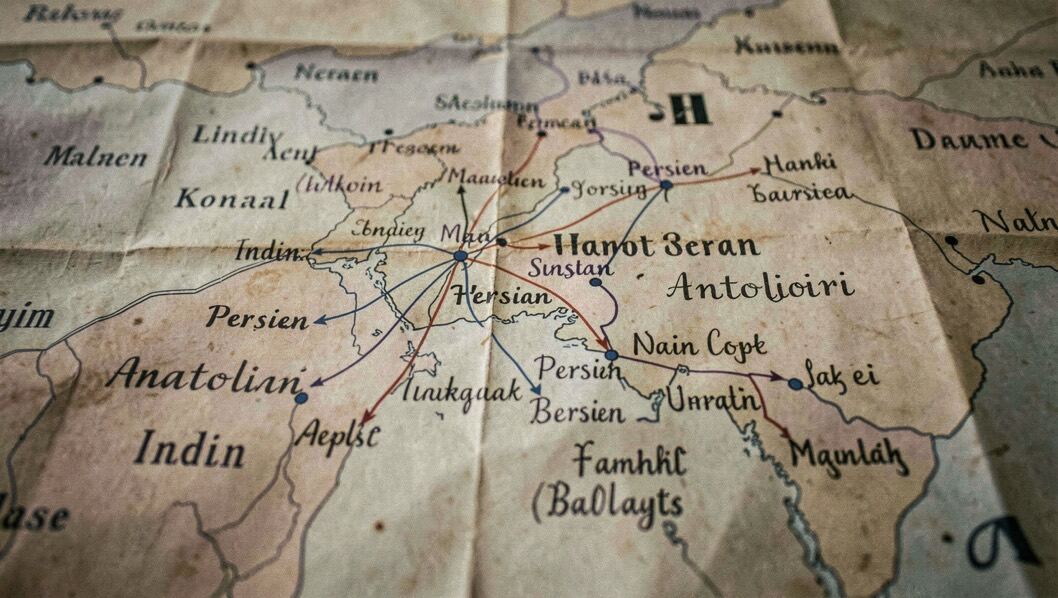 Eine mit Tinte gezeichnete Karte zeigt Handelswege zwischen Indien, Persien, Anatolien und dem Balkan, beschriftet in mehreren Schriften.