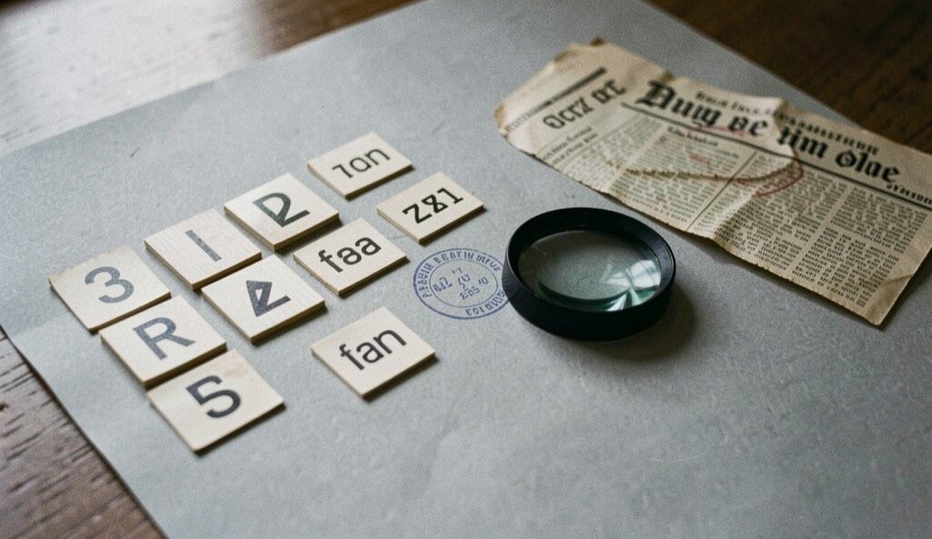 Steuerzeichen, Stempel und alte Zeitungsausschnitte liegen geordnet neben einer Lupe auf grauem Papier.