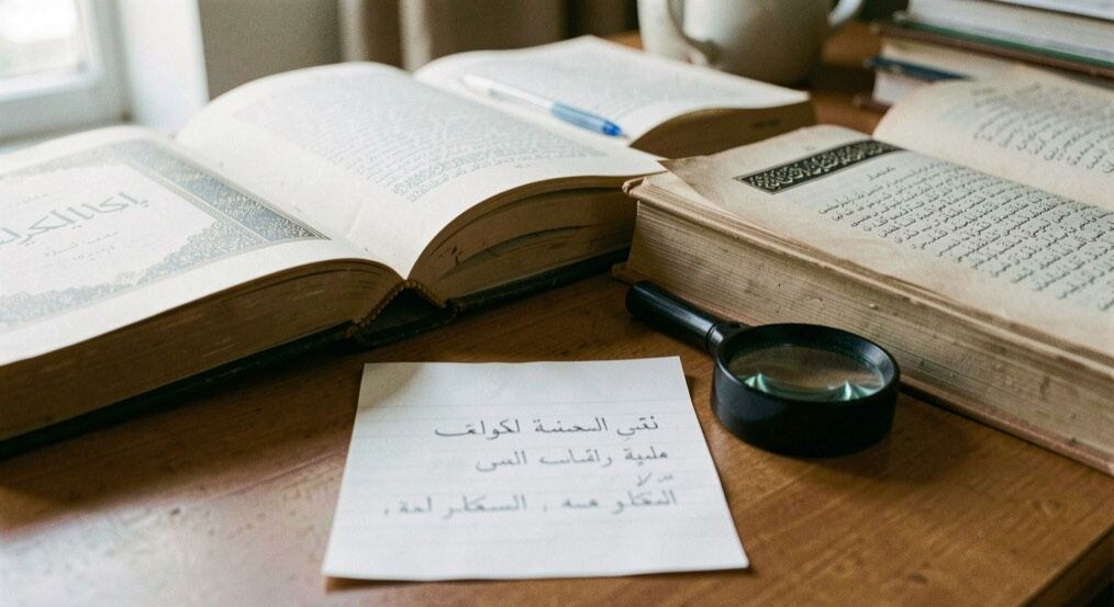 Auf einem Schreibtisch liegen aufgeschlagene Wörterbücher in arabischer und lateinischer Schrift, dazwischen eine Lupe und ein Notizzettel.