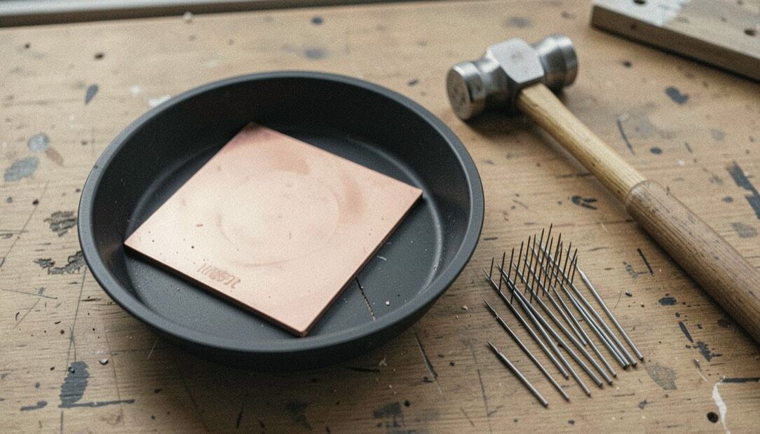 Ein getriebenes Kupfertablett liegt in einer schwarzen Pechschale, daneben liegen Reihen feiner Stichel und ein leichter Hammer.